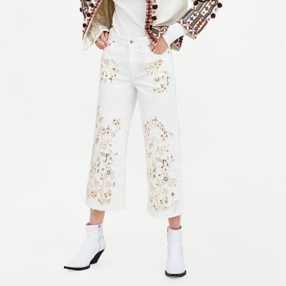 Zara The Western Culotte White Embroidered Boho Bohemian Denim Jeans NWT